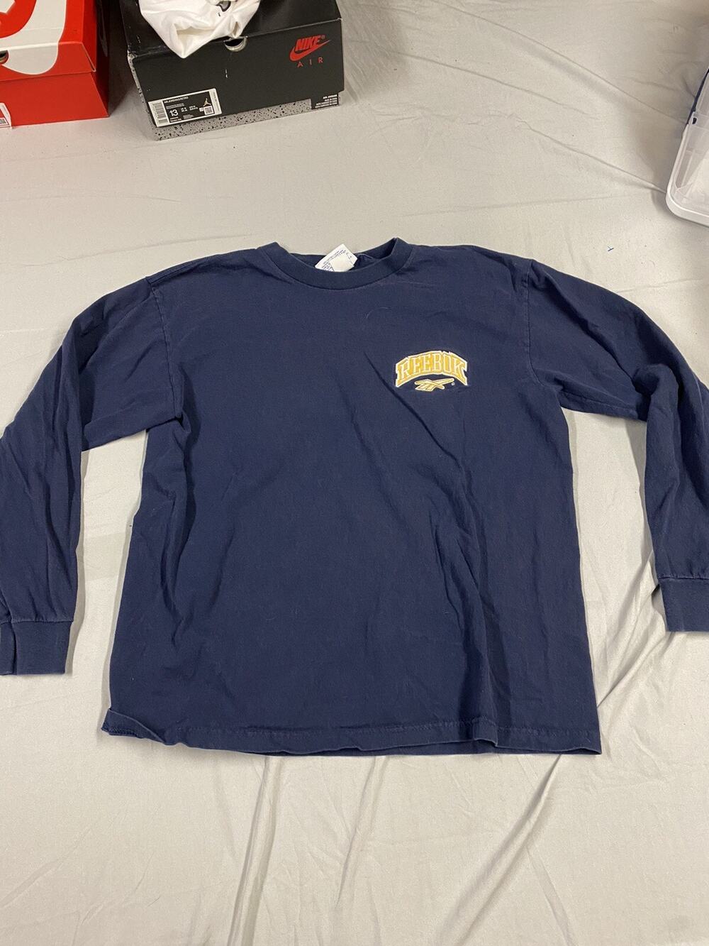 Vintage Reebok Long Sleeve Yellow Logo T-Shirt Blue L